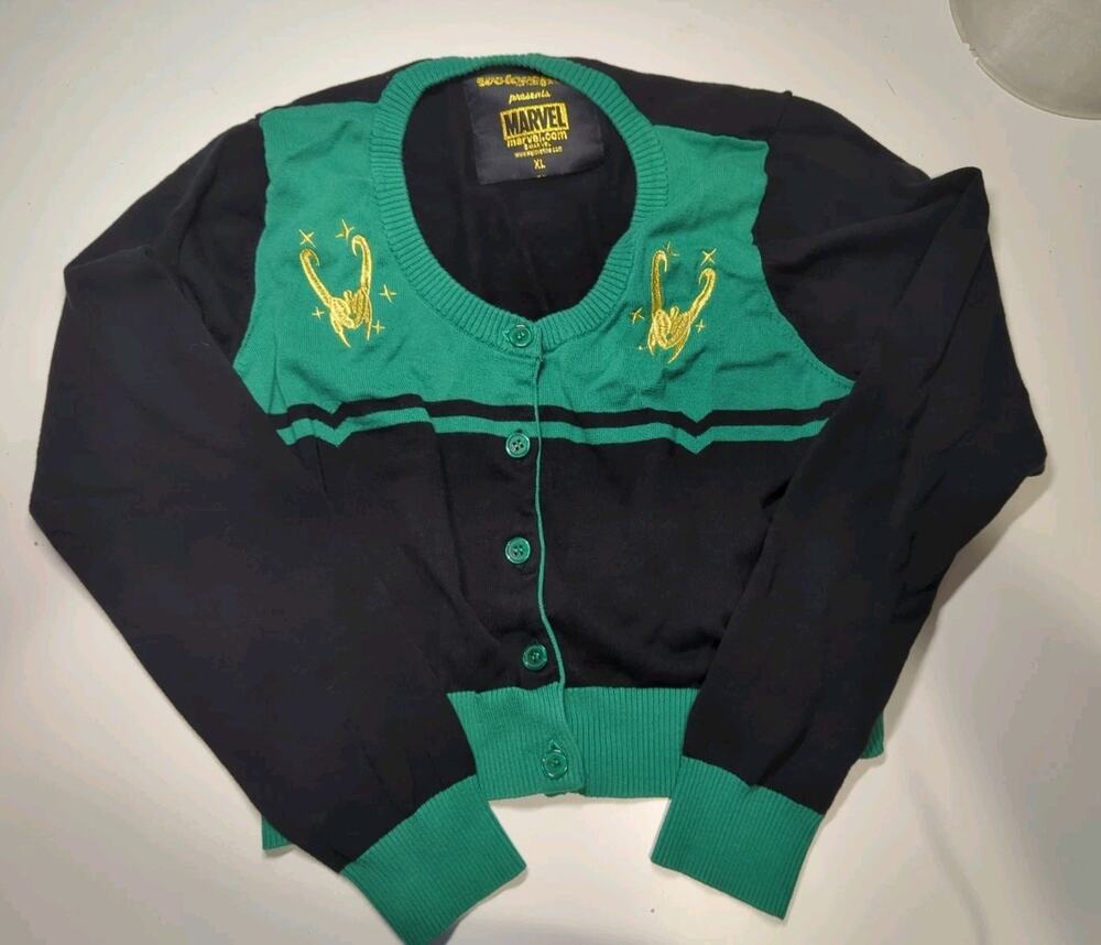 WeLoveFine x Marvel Loki Helmet Vintage Crop Sweater Cardigan XL Green Cosplay